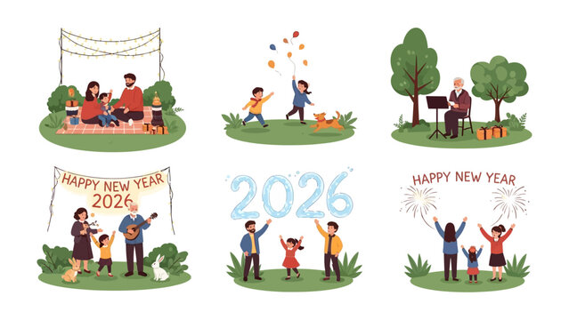 New Year Celebration: joyful illustrations capturing new year celebration by happy family and kids .
