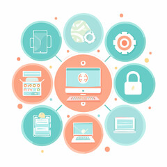 Comprehensive digital ecosystem illustration depicting interconnected technology, data security, global network connectivity, and modern computing solutions for businesses