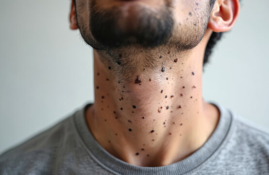 Man has many skin tags and moles on his neck. Close up of his throat shows dark spots on skin. Medical skin condition needs examination and treatment.