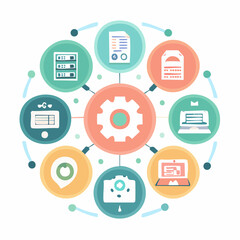 Illustration of a central gear surrounded by icons representing data, documents, computers, and analytics in a circular arrangement