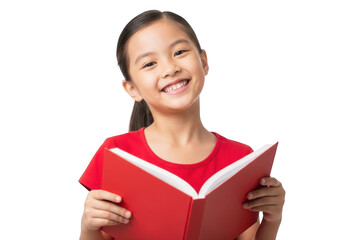A young asian girl with a joyful expression holds an open red book isolated on transparent background