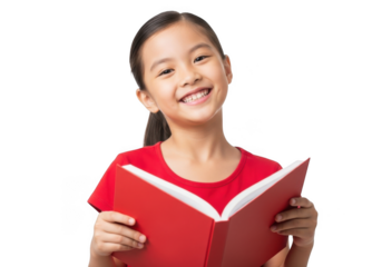 A young asian girl with a joyful expression holds an open red book isolated on transparent background