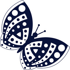 Dark Blue Intricate Butterfly Design With White Dots and Triangles on a Transparent Background Detailed Vector Art