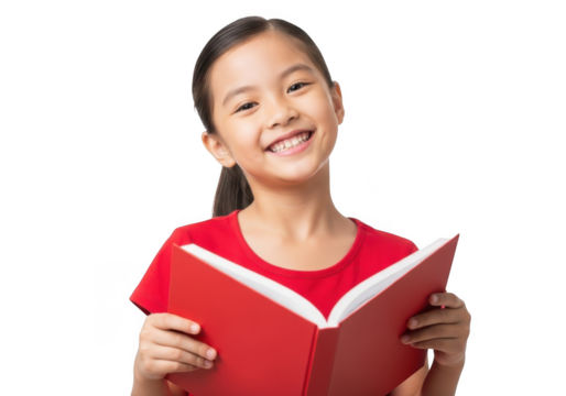 A young asian girl with a joyful expression holds an open red book isolated on transparent background