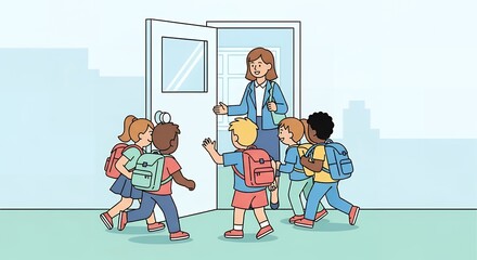Teacher greeting diverse students at classroom door, back to school concept.