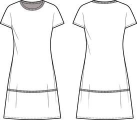 Women’s t-shirt dress CAD flat vector illustration, front and back technical fashion sketch, clothing template, apparel design, garment pattern mockup