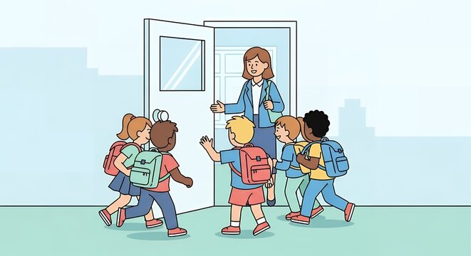Teacher greeting diverse students at classroom door, back to school concept.