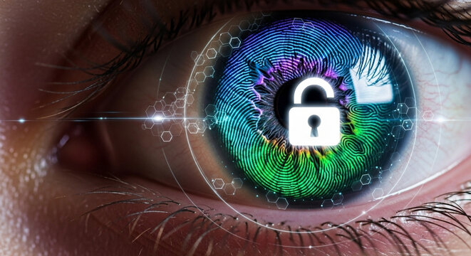 Extreme Close-Up of a Human Eye with a Glowing Fingerprint Pattern as the Iris Symbolizing Biometric Security.