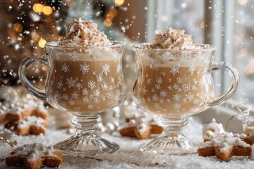 Warm coffee drinks with winter patterns, cozy cookies, and twinkling garlands by a snow-covered window, creating a serene, inviting atmosphere