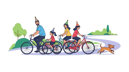 Fototapeta premium Joyful Family Bike Ride: A happy family pedals along a winding path, adorned with party hats, while a playful dog runs alongside. Capturing a perfect day of leisure, togetherness, and outdoor fun.