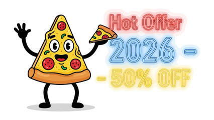Pizza's enticing Hot Offer: A cartoon pizza slice, with a lively presence, holding another pizza slice with an inviting expression, promotes a captivating hot offer.