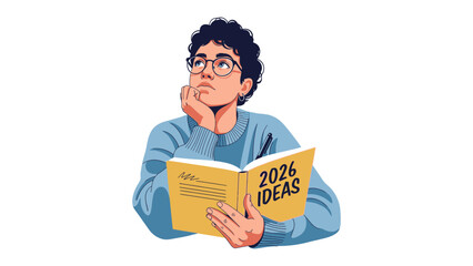Visionary Planner: A thoughtful individual gazes upward, engrossed in contemplation, while clutching a planner with 2026 Ideas, suggesting forward-thinking and ambition.