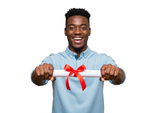 Joyful black man celebrating graduation holding a diploma scroll tied with a red ribbon isolated on transparent background - Powered by Adobe