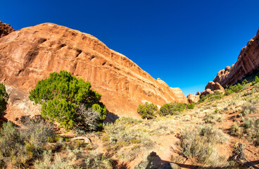 Fototapeta premium Panoramic view of Arches National Park Utah showcasing red rocks and desert terrain in summer