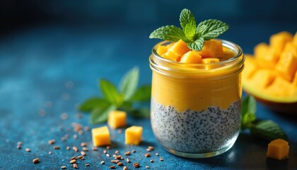 Mango chia seed pudding with fresh mint garnish in a glass jar. A healthy dessert sits on blue surface with mango chunks and seeds. Refreshing summer treat recipe for wellness blogs or food magazines.