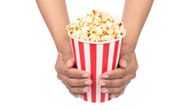 Hands Holding Popcorn on Paper Box Red White Striped, Watching Film Concept, Isolated on Transparent Background