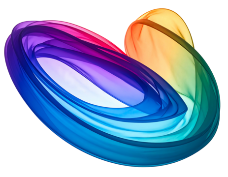 A vibrant, flowing abstract shape comprised of layered ribbons, blending seamlessly with a rainbow spectrum against a dark backdrop