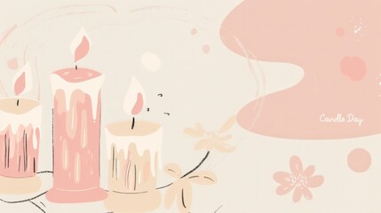 Three decorative candles in soft pink tones with gentle flames. The background features abstract shapes and floral elements, creating a calming atmosphere.