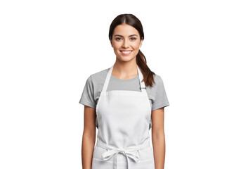 Smiling young woman wearing a clean white apron over a grey t shirt isolated on transparent background