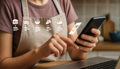 Woman using smartphone to browse glowing virtual food menu icons in a kitchen setting cooking online.