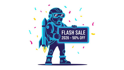 Flash Sale Announcement: A futuristic astronaut, complete with jetpack, boldly announces a Flash Sale with impressive discounts. Dynamic, vibrant, and eye-catching graphic.
