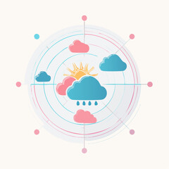 Weather Forecast Icons Sun, Clouds, Rain, and Forecast Radar with Concentric Circles and Data Points