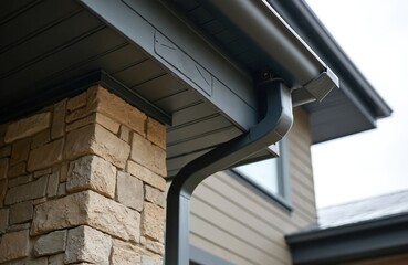 Naklejka premium New modern house exterior shows dark grey gutter system with downspout. Rough stone column accents light beige siding. Soffit, fascia details clearly visible under clean roofline. Quality building