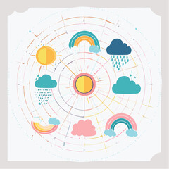 Weather Forecast Colorful Graphic of Sun, Rainbows and Clouds