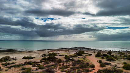 Drone view of Hamelin Pool in Shark Bay with crystal clear water and natural patterns