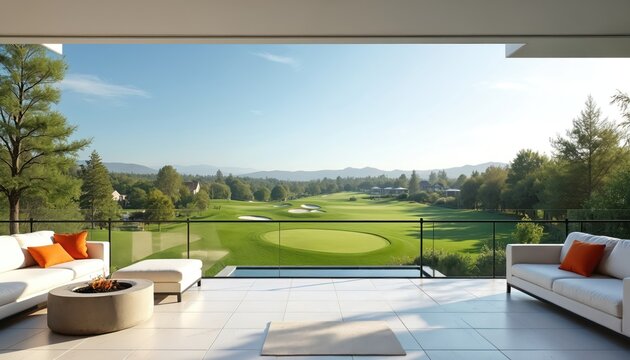 Luxurious outdoor patio design overlooking golf course landscape. White couches orange pillows and fire pit create comfortable lounge area. Nature view background provides relaxation and modern style.