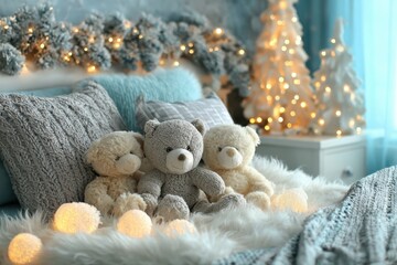 Whimsical bedroom setting with plush toys on a fluffy bed, a petite Christmas tree, and soft garlands, illuminated by a calming nightlight