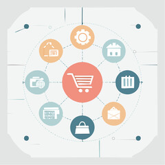 E-commerce and online shopping technology network with interconnected icons representing various business and retail functions