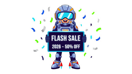 Flash Sale in Space: An astronaut is promoting a flash sale using a sign. Colorful confetti adds an extra dimension of energy