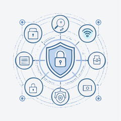 Security Shield with Network Icons Protecting Data and Systems