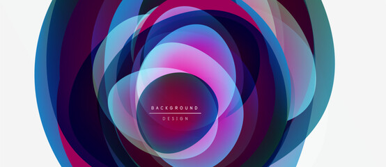 Abstract colorful circles create dynamic background. Layers overlap, forming tunnel illusion. Vibrant hues blend seamlessly. Modern design element.