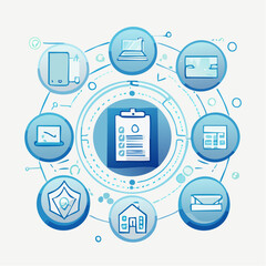 Digital technology ecosystem with a checklist in the center, representing data management and organization