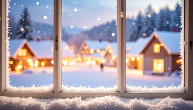 Snowy village at dusk viewed through frosted window with warm lights and serene winter atmosphere.