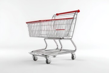 A 3D render icon of a minimalist shopping cart (red or silver). Isolated on a plain white background with a soft shadow. E-commerce, retail, or online store concept.