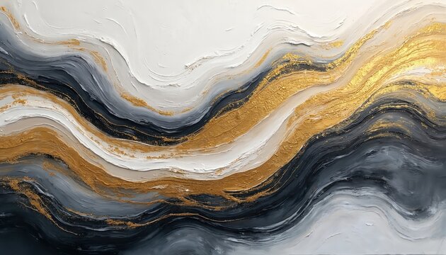 Textured abstract painting with flowing waves of gold grey and white. Energetic fluid art with impasto strokes creating depth. Modern elegant wall art.