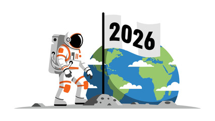 Astronaut's 2026 Exploration: An astronaut plants a flag on a planet Earth with the year 2026 written on the flag. This illustration depicts the future of exploration.  © Azizun