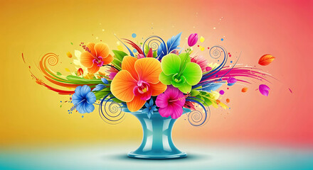 Vibrant bouquet of colorful orchids and abstract swirls in a blue vase