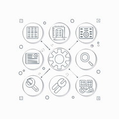 System Operations Icons Tools for Analysis and Management, Featuring Settings and Search