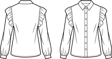 Women ruffle sleeve shirt flat fashion vector, long sleeve blouse CAD drawing, elegant button up top technical illustration