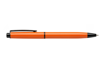 A sleek modern orange ballpoint pen with a black clip and tip isolated on transparent background for design use