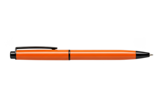 A sleek modern orange ballpoint pen with a black clip and tip isolated on transparent background for design use - Powered by Adobe