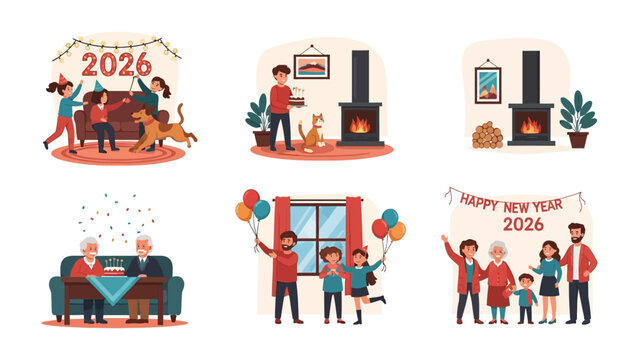 Celebration of a New Year: Family moments in various settings, with decorations, cake, gifts, a dog and cheerful faces filled with joy and hope.