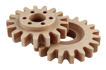 Wooden gears interlocking, isolated on black background