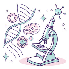Illustration of a microscope with dna, viruses, and other biological elements