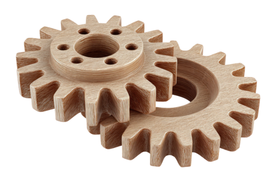 Wooden gears interlocking, isolated on black background