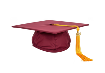A maroon graduation cap with a gold tassel and a small 2023 charm sits proudly isolated on transparent background
